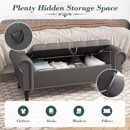 YOUDENOVA Storage Ottoman Bench for Bedroom 51" Queen Leather Storage Bench with Button, Upholstered Bedroom Bench with Rolled Arms for Living Room, Storage Room, Entryway, Gray