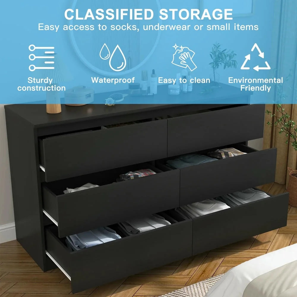 Kadyn Modern 6 Drawer Dresser Wood Cabinet,Dresser for Bedroom, Kitchen Storage Cabinet with Drawers, Chest of Drawers(Black)