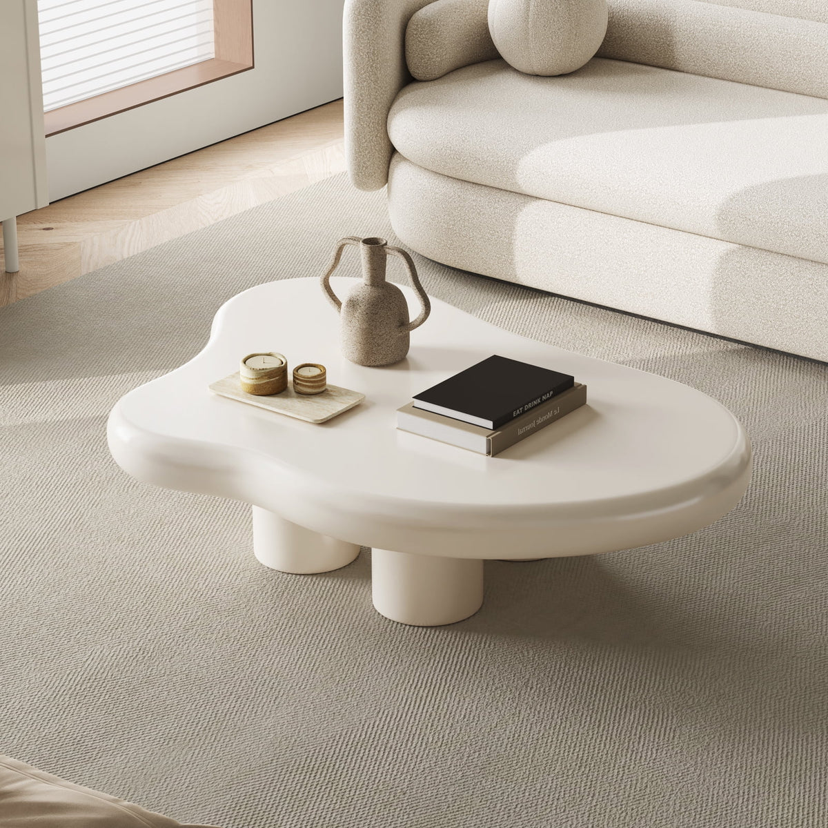 Guyii Cream White Coffee Table with 4 Legs, Irregular Side Table, Modern Wood Tea Table for Living Room, Apartment, Office