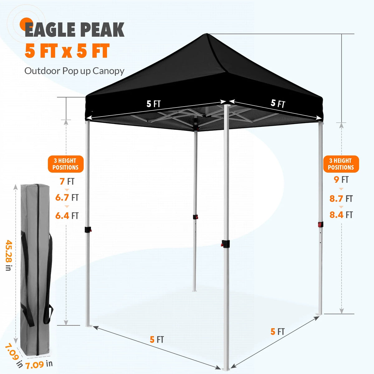 EAGLE PEAK 5x5 Pop Up Canopy Tent Instant Outdoor Canopy Easy Set-up Straight Leg Folding Shelter（Blue）