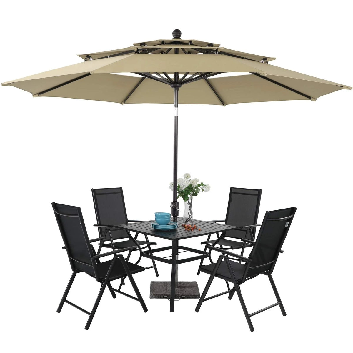 MAISON ARTS Outdoor  6-piece Patio Dining Set, 1 Square Metal table, 4 Adjustable Folding Chairs and 10ft Umbrella Red