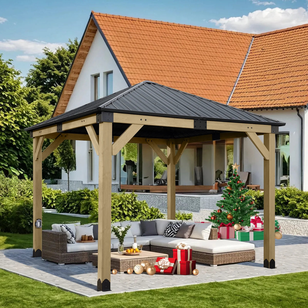 Aoodor 10 x 12 ft Wooden Frame Gazebo with 2-Tier Galvanized Metal Hardtop Roof, Outdoor Patio Gazebo with Charging Socket for Patio, Backyard, Deck, and Lawn