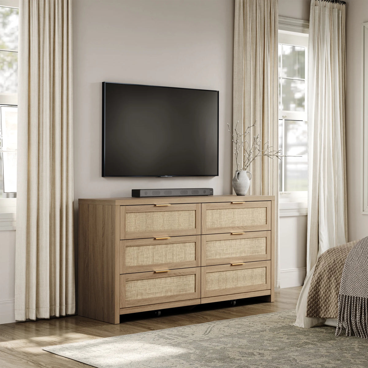 SICOTAS 56.85" 6 Drawer Dresser,Rattan Dresser with Storage,Boho Dressers & Chests of Drawers Wooden Tall  Dresser for Bedroom
