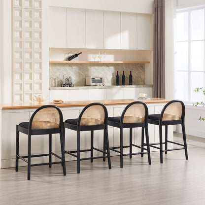 Guyou Modern Bar Stools Set of 2, 26" Counter Height Bar Stools with Natural Rattan Back and Solid Wood Frame, Sherpa Upholstered Kitchen Island Chairs for Bar Island Cafe Kitchen, Black