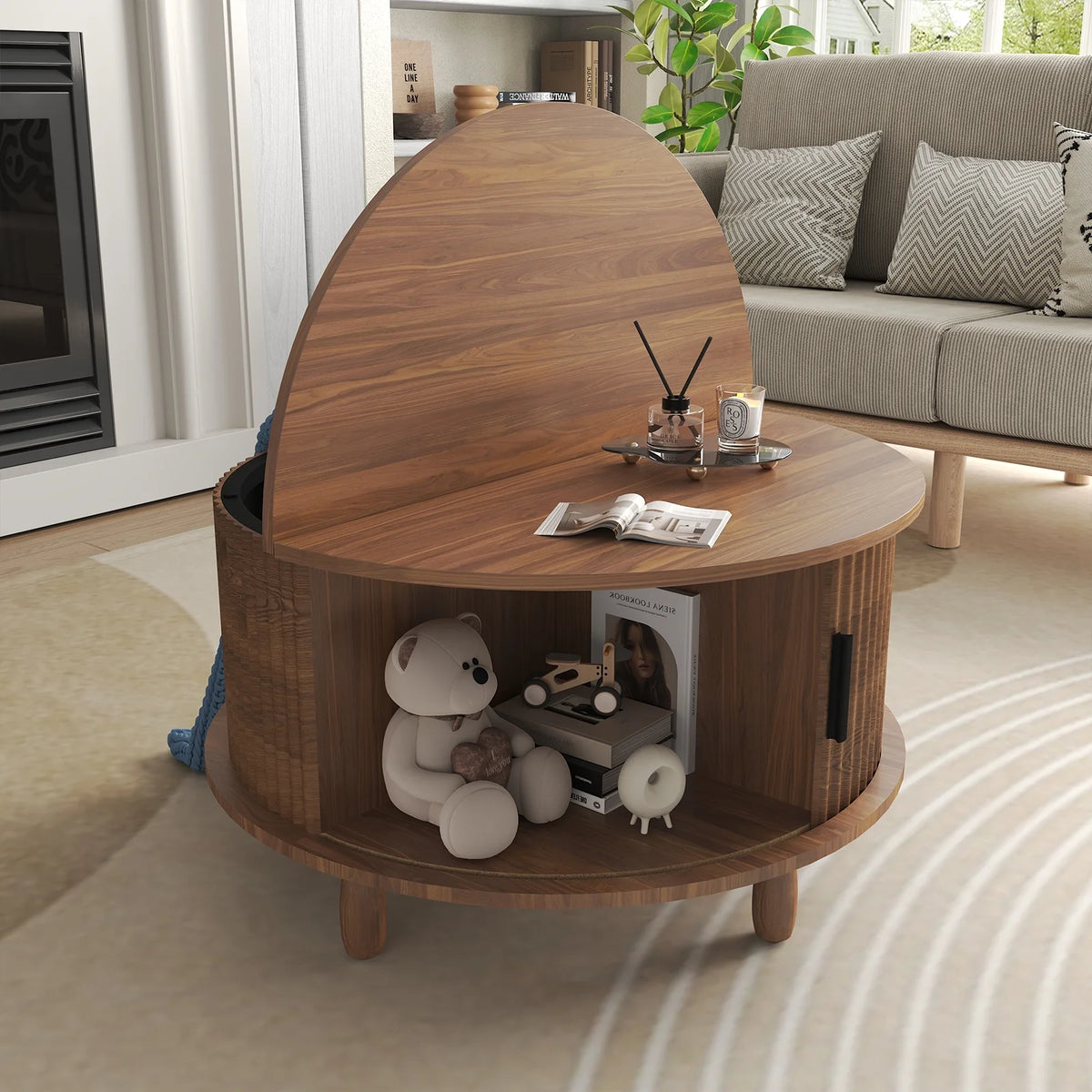 RUMLIVE Round Coffee Table with Storage, 30.7" Modern Coffee Table with 360�� Curved Sliding Door, Fluted Wood Coffee Table with Footpads, Round Center Table for Living Room, Black
