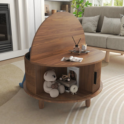 RUMLIVE Round Coffee Table with Storage, 30.7" Modern Coffee Table with 360�� Curved Sliding Door, Fluted Wood Coffee Table with Footpads, Round Center Table for Living Room, Black