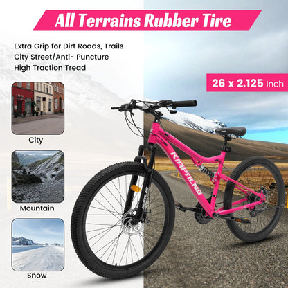 26 Inch Mountain Bike Dual Full Suspension, Shimano 21-Speed Mountain Bicycle with Dual Disc Brakes and Carbon Steel Frame, Trail Beach Snow Commuter City Bike for Adult Men Women, Black