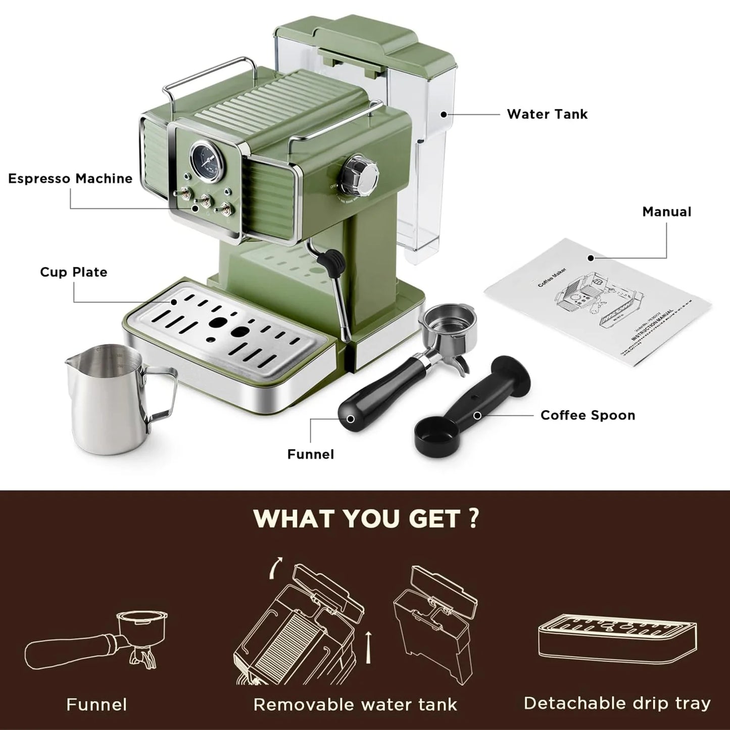 Espresso Coffee Machine 15 Bar with Milk Frother Steam Wand, 1350W Professional Coffee Maker, 54 Oz Removable Water Tank Espresso Maker Cappuccino, Latte, Machiato, Green, For Home Barista