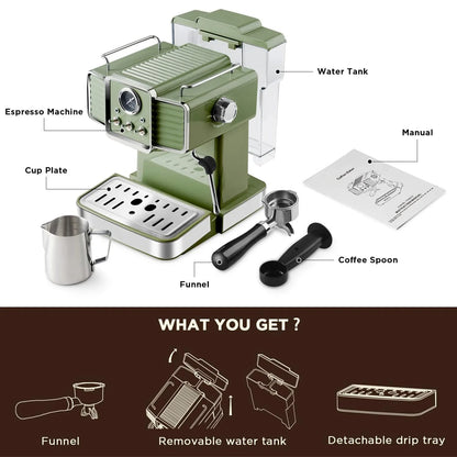 Espresso Coffee Machine 15 Bar with Milk Frother Steam Wand, 1350W Professional Coffee Maker, 54 Oz Removable Water Tank Espresso Maker Cappuccino, Latte, Machiato, Green, For Home Barista