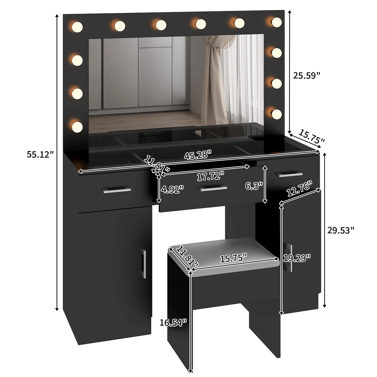 Ktaxon Large Makeup Vanity, Vanity Table Set w/ Visible Glass Top w/ Charging Station, White