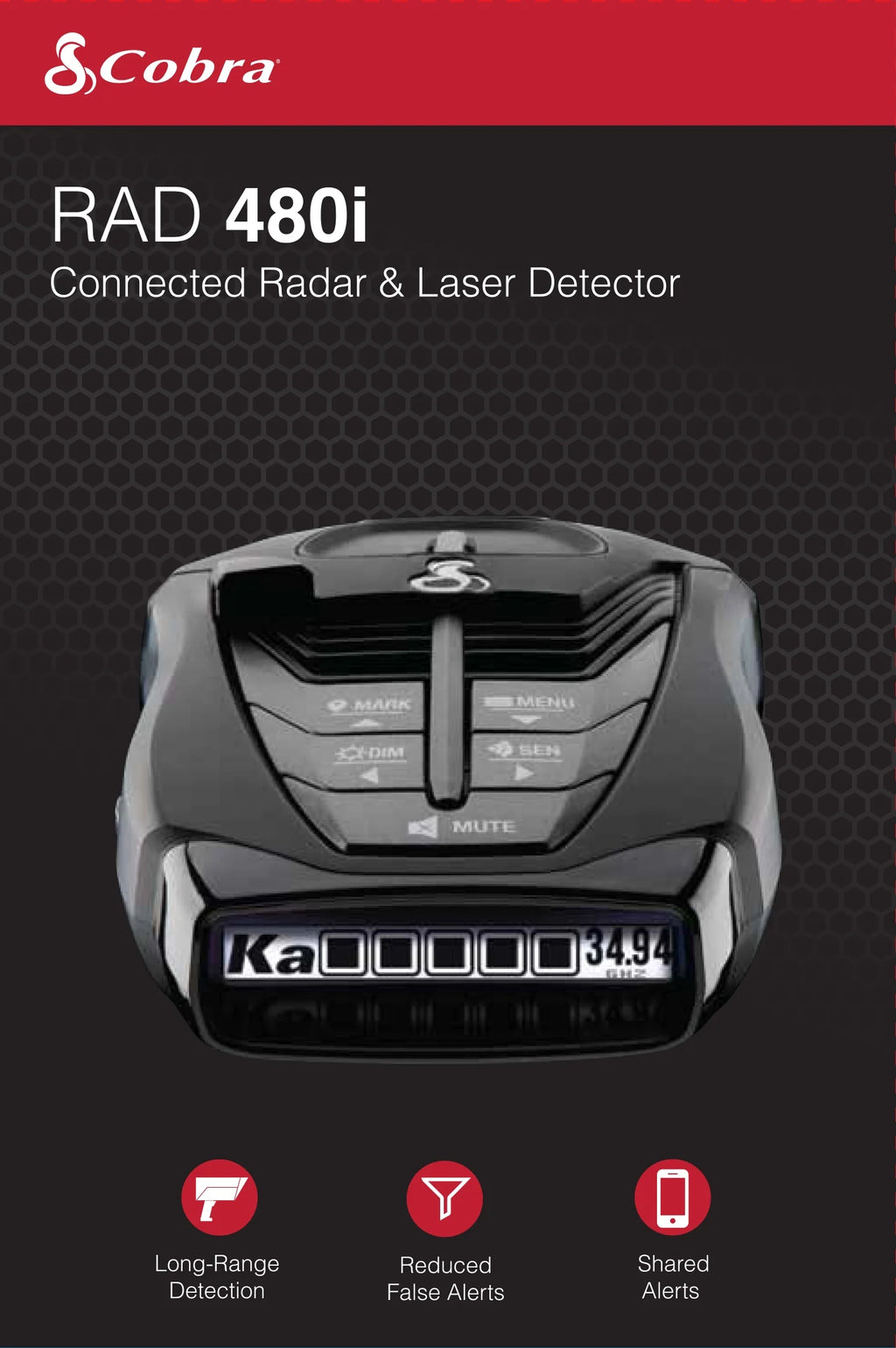 Cobra RAD 480i Connected Radar Detector, Long Range, Bluetooth, Front & Rear Detection + CarPlay (New)