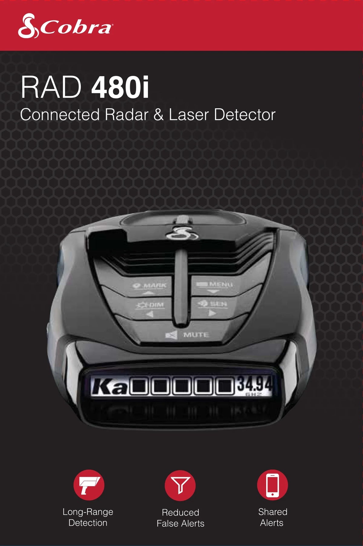 Cobra RAD 480i Connected Radar Detector, Long Range, Bluetooth, Front & Rear Detection + CarPlay (New)