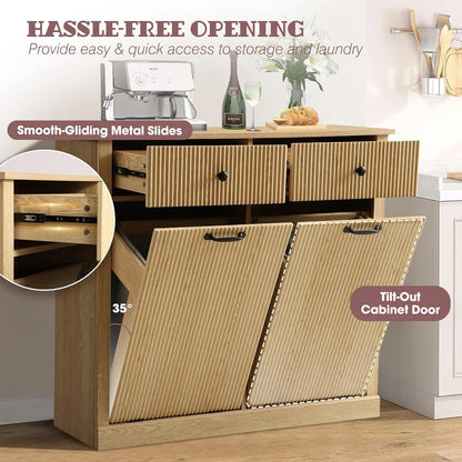 Haverchair Double Tilt Out Laundry Hamper Cabinet, Modern Fluted Trash Can Cabinets with Drawer, Wooden Hidden Garbage Cabinet for Kitchen and Bathroom