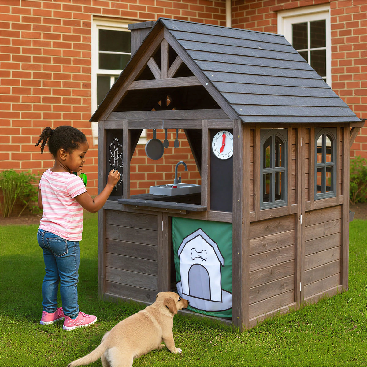COCLUB Outdoor Playhouse for Kids Ages 4-8, Wooden Play House with Doorbell, Phone, Kitchen Toys, Outdoor Kids Play Equipment, Casa Para Ni?as (45��L x 65��H), White & Black