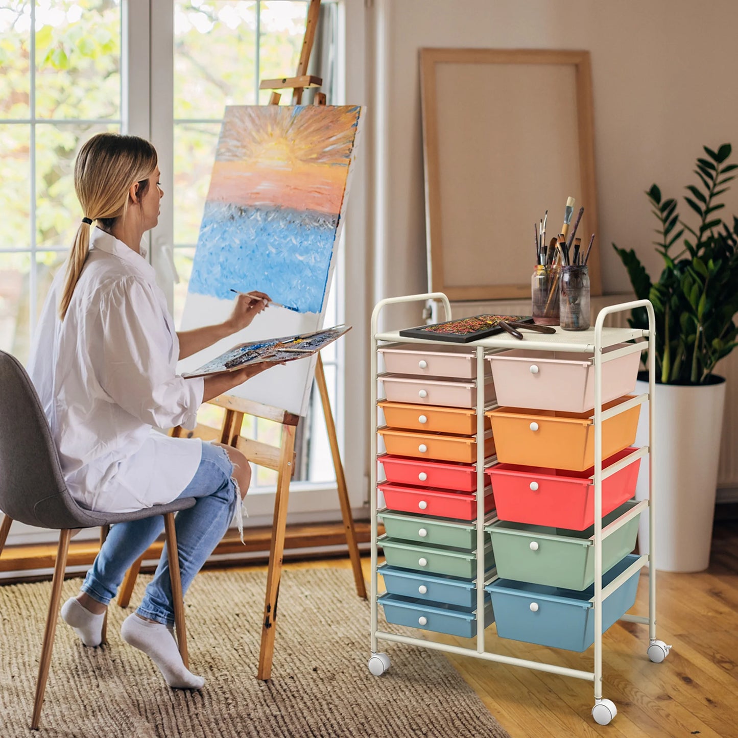 Costway 15 Drawer Rolling Storage Cart Tools Scrapbook Paper Office School Organizer White