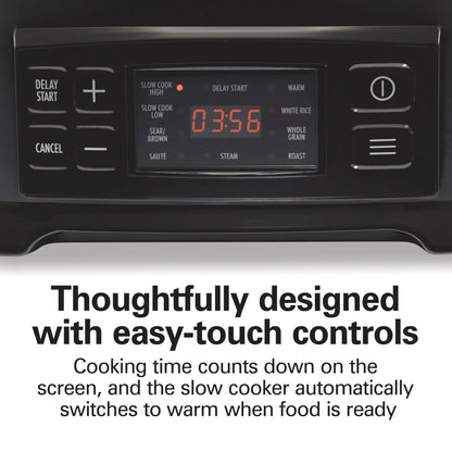 Hamilton Beach 9-in-1 Multi Cooker, 6 Qt Searing Slow Cooker, Nonstick Aluminum Crock with Removable Pot, Black