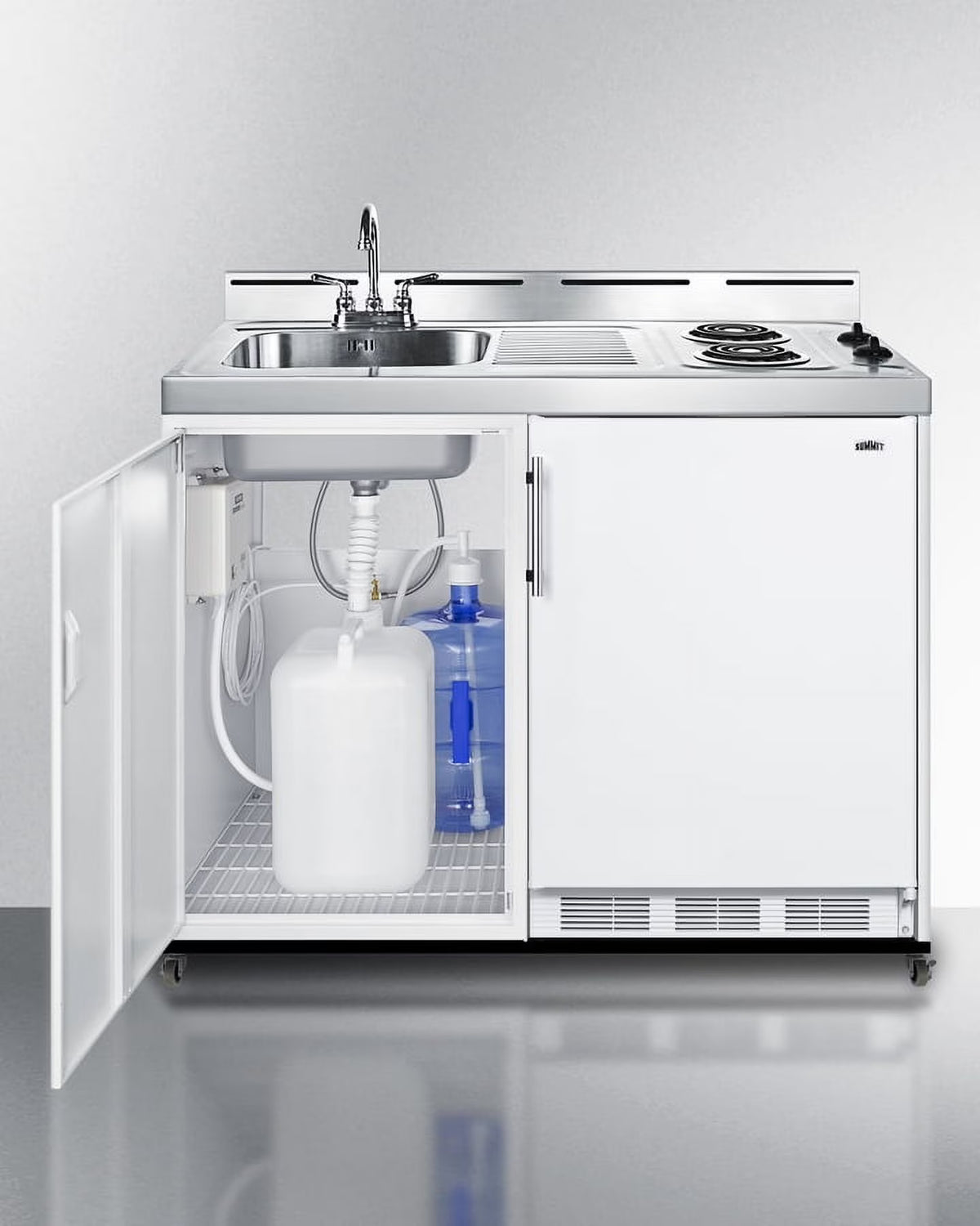 48" Wide Mobile All-In-One Kitchenette, No Plumbing Needed, white, Coil Burners