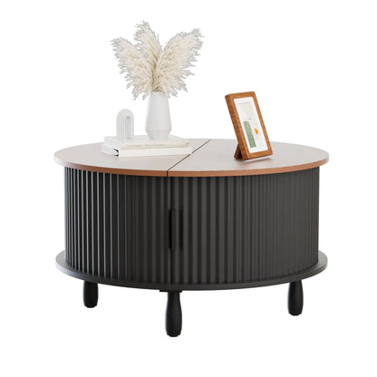 RUMLIVE Round Coffee Table with Storage, 30.7" Modern Coffee Table with 360�� Curved Sliding Door, Fluted Wood Coffee Table with Footpads, Round Center Table for Living Room, Black