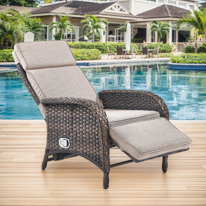 OPOHORO Outdoor Recliner Chair, Adjustable Reclining Patio Chair with Cushion, Wicker Outdoor Chaise Lounge with Adjustable Backrest and Footrest, Ideal for Pool Deck, Beige