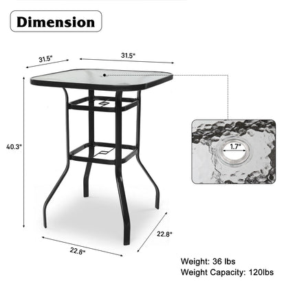 IVV Outdoor Patio Bar Height Bistro Table w/ Tempered Glass Top & 1.8" Umbrella Hole & Metal Frame, 31.5"L x 31.5"W x 39.8"H, Black & Clear