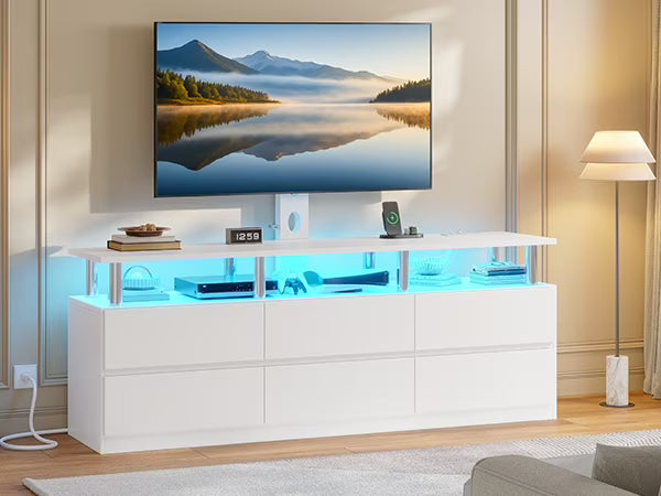 Afuhokles TV Stand with Mount and Power Outlet, TV Mount for up to 75 inch TVs, Modern LED TV Stand with 6 Drawers, Black