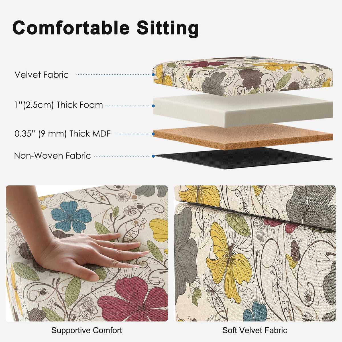 Homebeez Printed Linen Cube Storage Ottoman with Solid Wood Legs, Cube Footstool, Storage Cabinet, 18" H Weight Capacity 300LB Blue