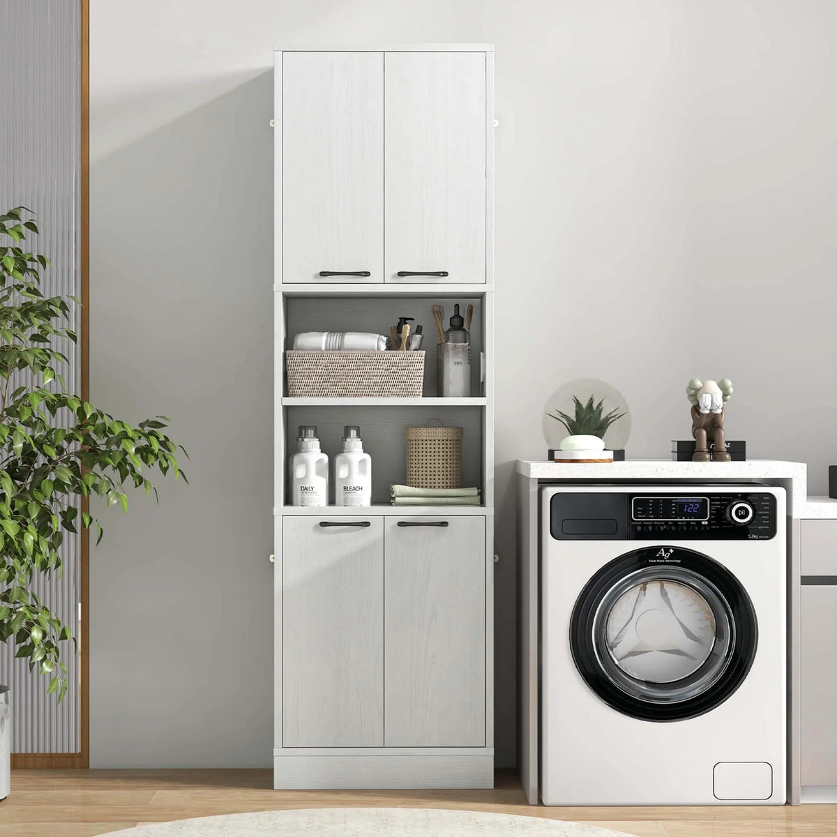 Costway 75" Tall Bathroom Storage Cabinet with 4 Doors & 2 Open Compartments Freestanding White