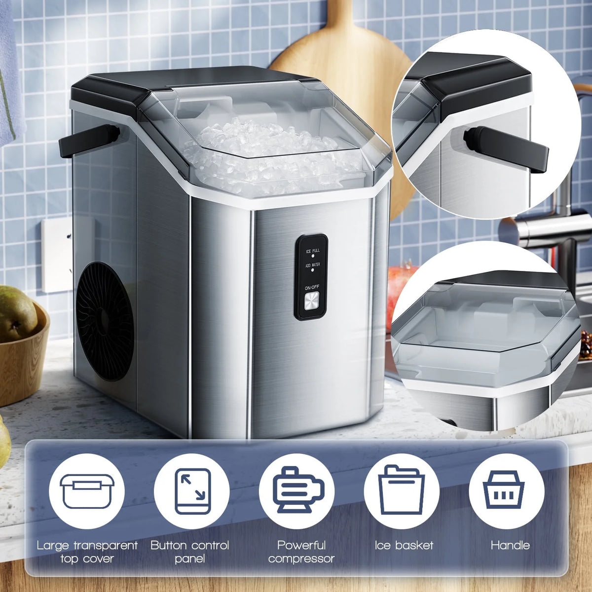 Auseo SS Nugget Countertop Ice Maker with Soft Chewable Ice, 35Lbs/24H, Self-Cleaning, Ice Scoop, Stainless Steel Silver, for Kitchen/Office/Party