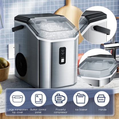 Auseo SS Nugget Countertop Ice Maker with Soft Chewable Ice, 35Lbs/24H, Self-Cleaning, Ice Scoop, Stainless Steel Silver, for Kitchen/Office/Party