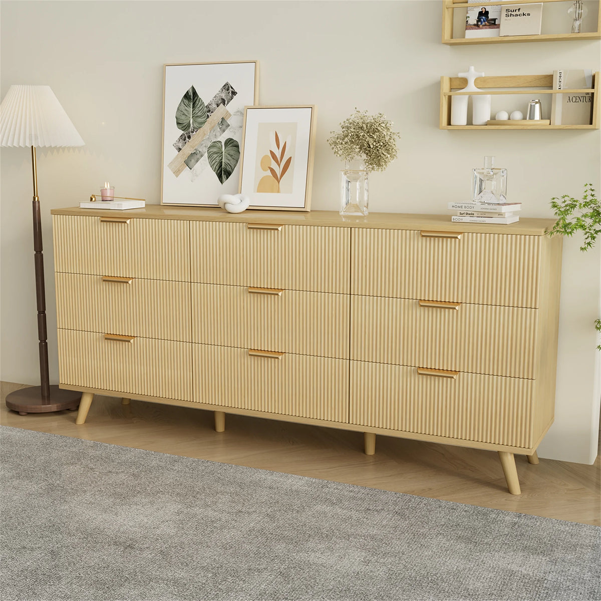 Yeahumalia Boho Fluted 9 Drawers Dresser, Wooden Chests of Drawers for Bedroom, Living Room, Entryway, Nature Wood Color