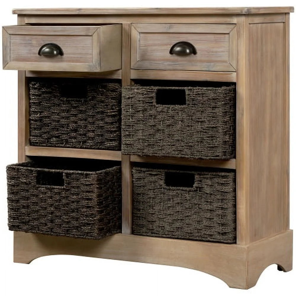 Rustic Storage Cabinet, Wood Accent Cabinet with 2 Drawers and 4 Rattan Baskets,Entryway Console Table Sofa Table for Living Room,Dining Room,White Washed