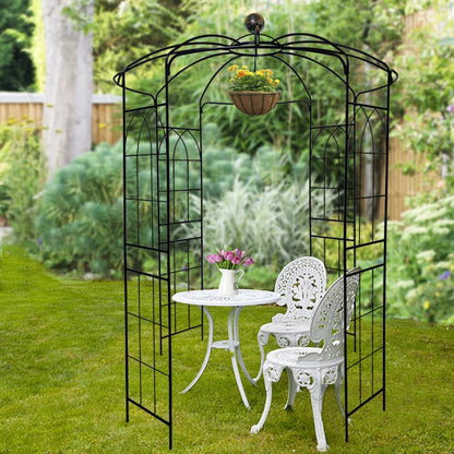 French Birdcage Gazebo with Metal Arch Trellis for Wedding Photography & Garden Decor, Sturdy Galvanized Steel, Black