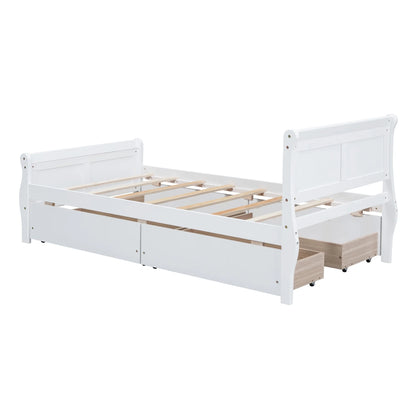 Full Size Wood Platform Bed with 4 Drawers,Storage Bed Frame with Streamlined Headboard and Footboard for Kids, Teens, Boys, Girls,Wooden Slats Support, No Box Spring Needed,Oak