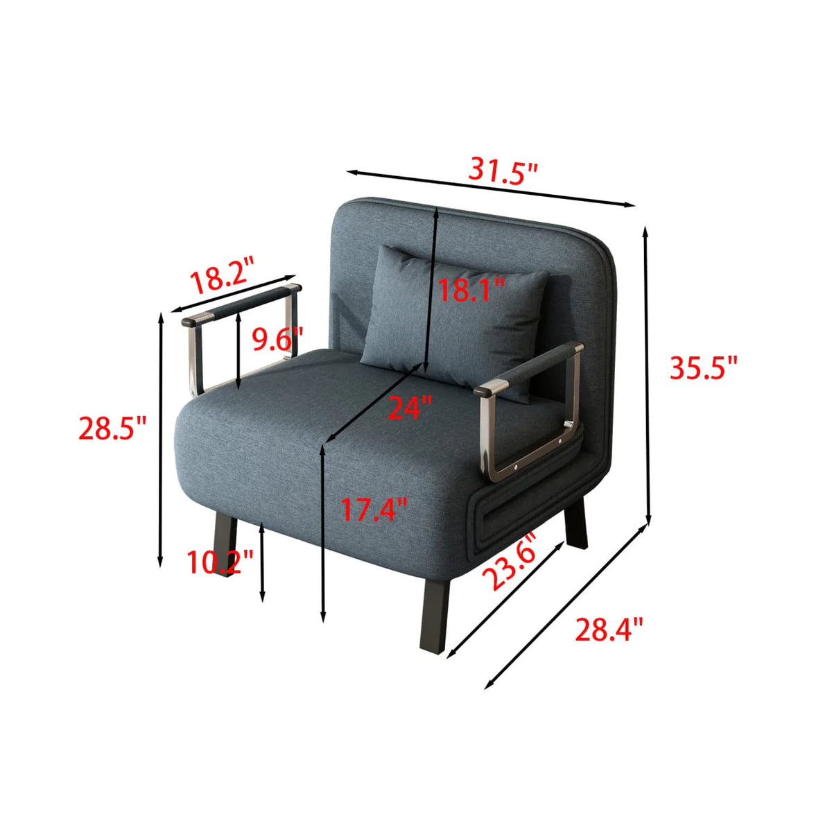 31.5″Convertible Sofa Bed Sleeper Chair, Tri-fold Upholstered Armchair Sleeper with Pillow, Folding Leisure Chaise Lounge Couch with 5 Angle Adjustable Backrest, Single Lazy Bed for Office Apartment