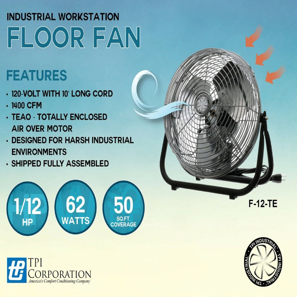 TPI 1-Phase, 120V 12" Industrial Floor Fan 1/12 HP