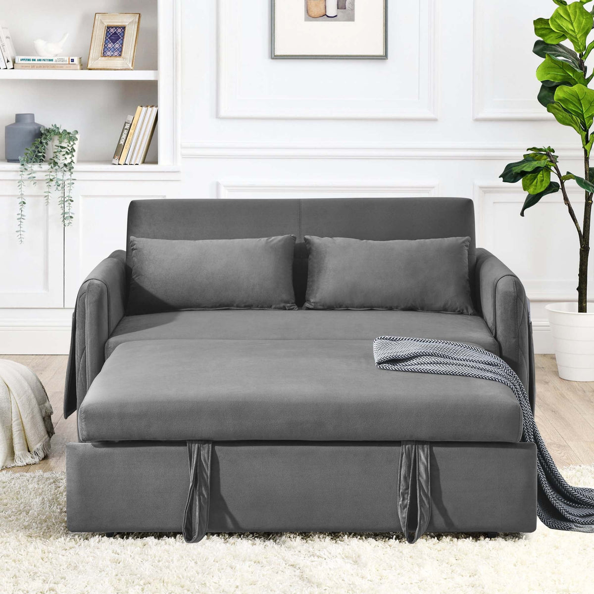 Momspeace 55" Modern Velvet Pull Out Sofa Bed Loveseat Lounge Chaise,Sleeper Sofa Bed with Adjustable Backrest 2 Detachable Arm Pockets - Gray