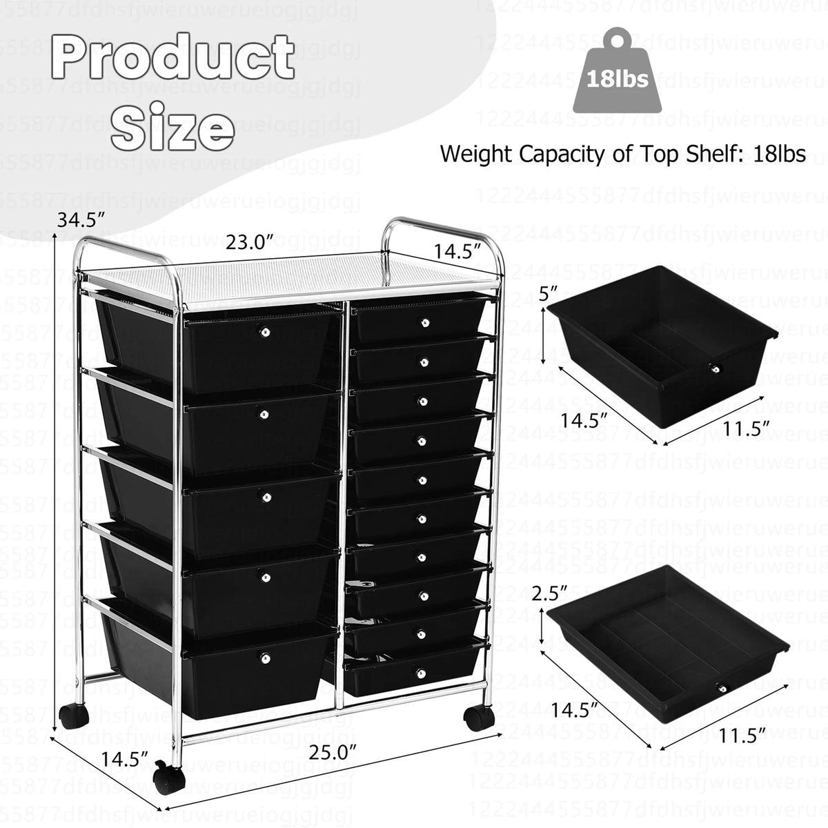 Costway 15 Drawer Rolling Storage Cart Tools Scrapbook Paper Office School Organizer White