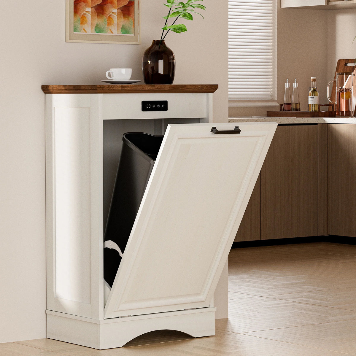 HARIPUL Single Tilt Out Trash Cabinet for 13 Gallon Waste Bin, Free Standing Kitchen Trash Can Cabinet with Drawers, White
