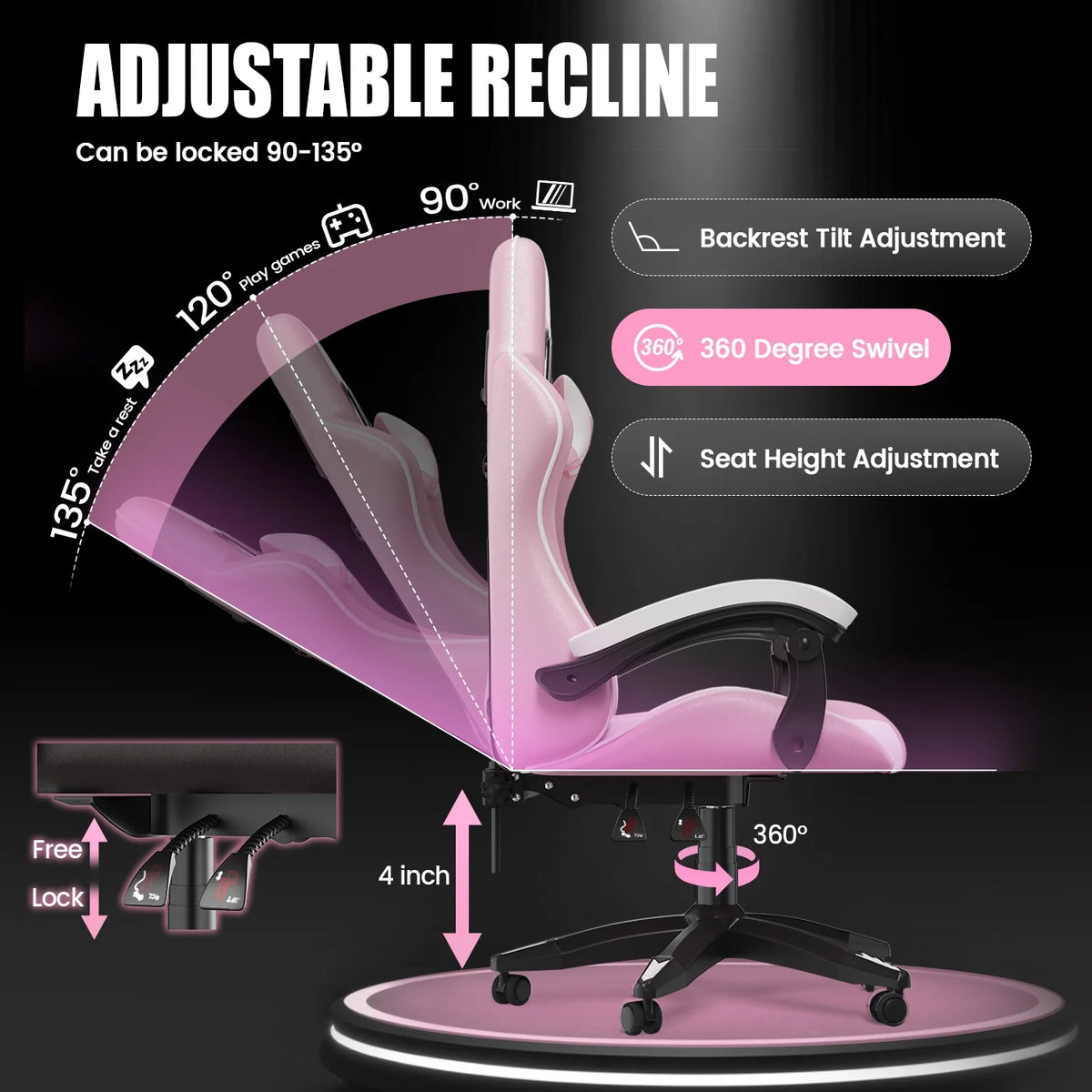 Bigzzia Gaming Chair Office Chair, Ergonomic Game Chair with Height Adjustable Headrest and Lumbar Support for Adults Teens, Black & White