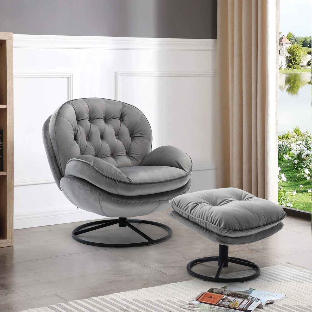 Swivel Accent Chair with Ottoman, Velvet Accent chair with Footrest, Mid-Century Modern Lounge Chair and Ottoman Set, Reading Chair for Living Room, Bedroom, Reading Room, Home Office, Blue