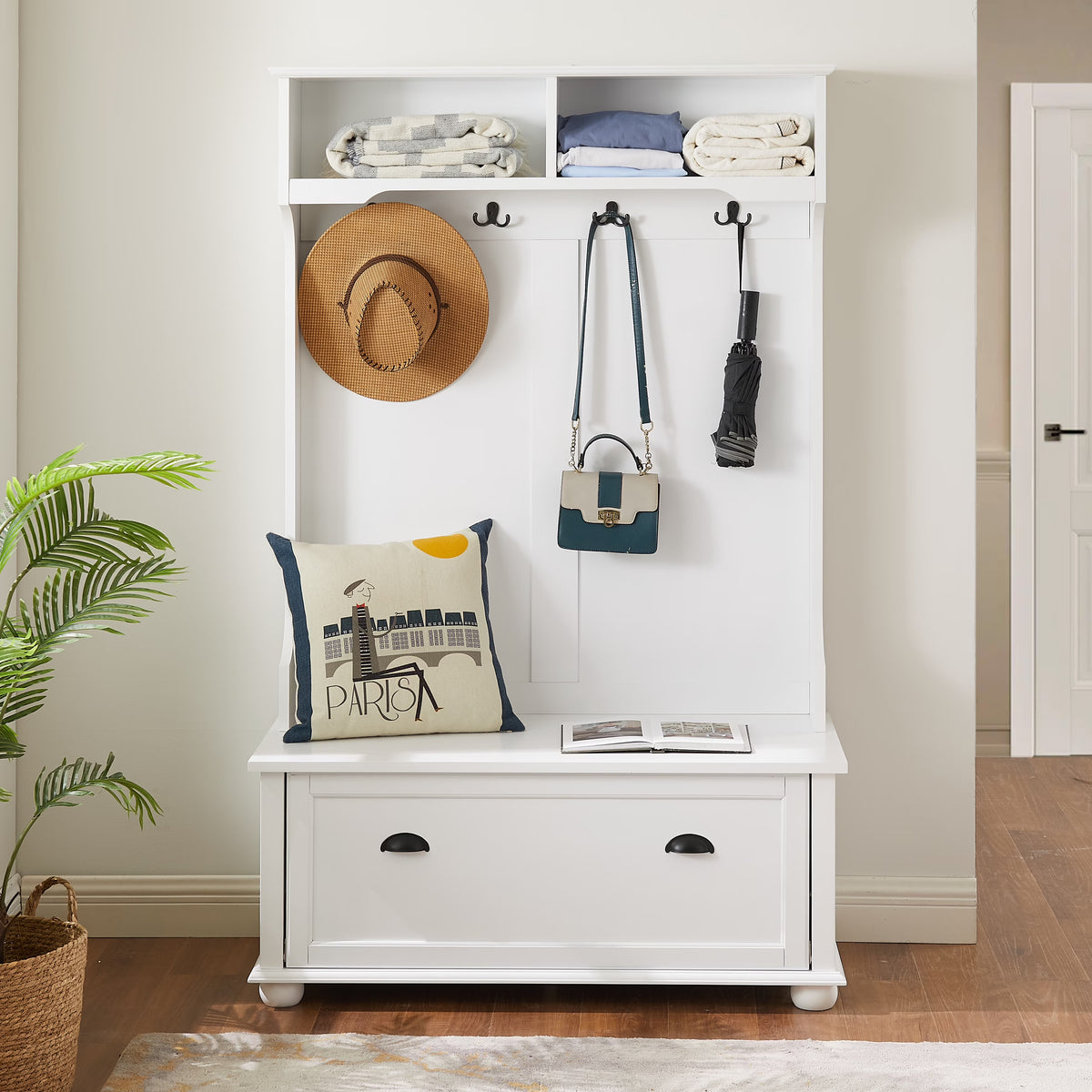 PORKISS Hall Tree, Wood Entryway Hall Tree with Open Shelves, Shoe Cabinets and Solid Wood feet, Coastal Style Hall Tree with Storage Bench, Modern Tree Entryway Bench for Living Room, White