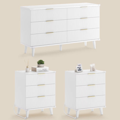 GIKPAL Bedroom Dresser and Nightstand 3 Piece Set - Includes Boho Double 6 Drawer Storage Dresser, Nightstand Set of 2 with Charging Station, Modern Bedroom Set, Natural
