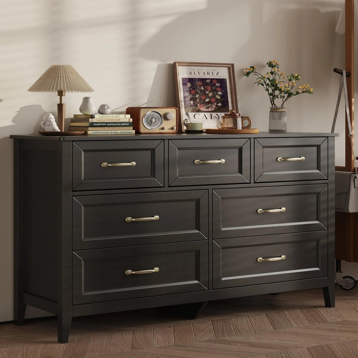 Lofka 47.2" Dresser for Bedroom with 6 Double Drawers, Farmhouse Wood Storage Cabinet with Smooth Metal Handle