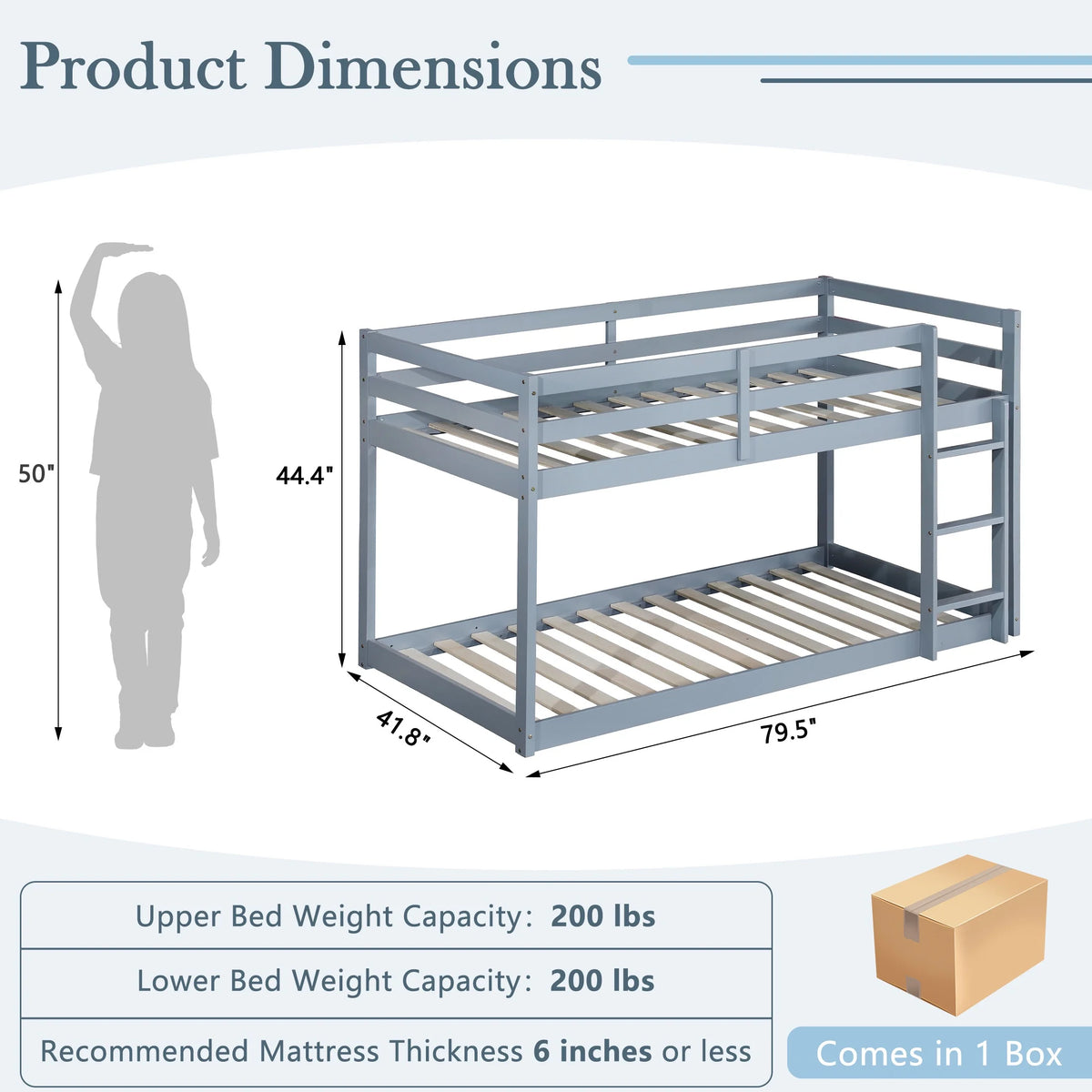 Twin Over Twin Floor Bunk Bed, UHOMEPRO Solid Wood Low Bunk Bed with Safety Rail, Ladder, Heavy Duty Bunk Beds, Space-Saving Bedroom Dorm Furniture, Gray