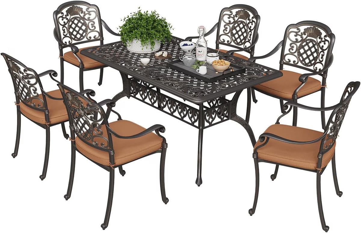 59.06" Cast Aluminum Outdoor Dining Table for 6�? People, Rust-Resistant All-Weather Metal Patio Table with 2" Umbrella Hole, Heavy-Duty Garden Furniture for Deck, Backyard, Dark Bronze, Only Desk