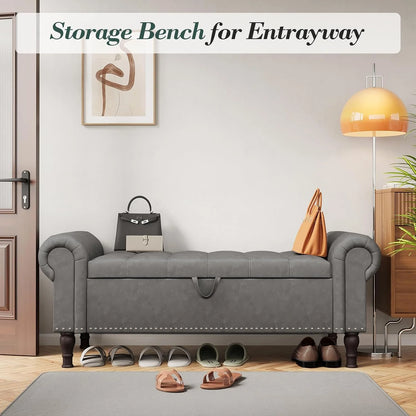 YOUDENOVA Storage Ottoman Bench for Bedroom 51" Queen Leather Storage Bench with Button, Upholstered Bedroom Bench with Rolled Arms for Living Room, Storage Room, Entryway, Gray