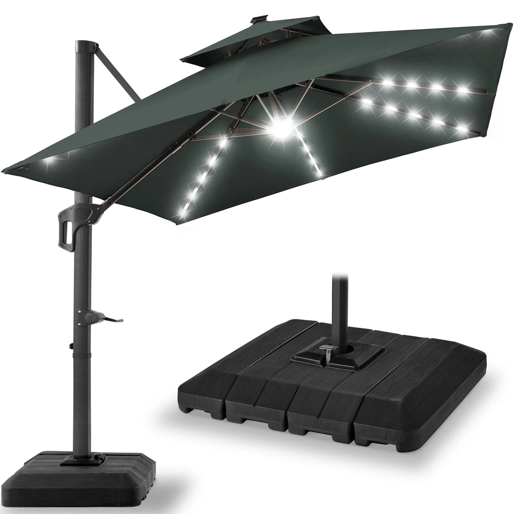 Best Choice Products 10x10ft 2-Tier Square Outdoor Solar LED Cantilever Patio Umbrella w/ Base Included - Tan