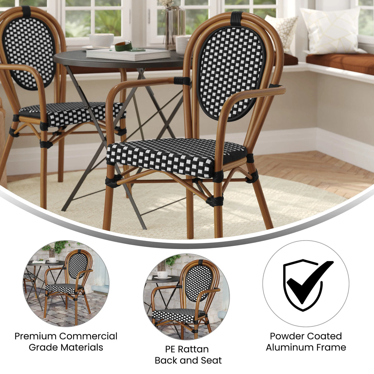 Merrick Lane Stacking Thonet French Bistro Style Chair with Arms, Black & White PE Rattan Seat, and Bamboo Finished Metal Frame for Indoor/Outdoor Use