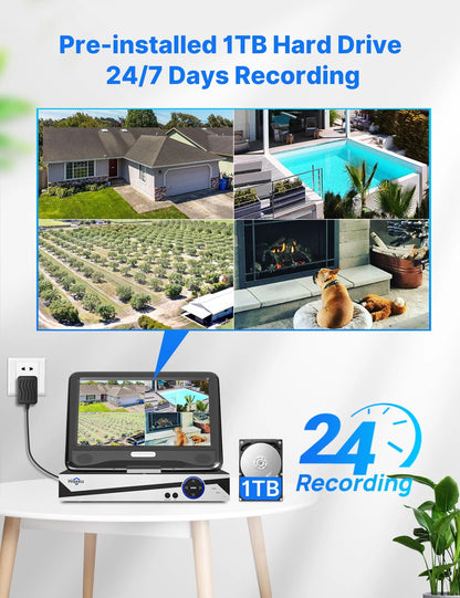 Hiseeu Security Camera System with 10.1'' Monitor 10CH 1TB Hard Drive NVR, Wireless Wifi Cameras for Recording and Remote View, Home Security Camera System