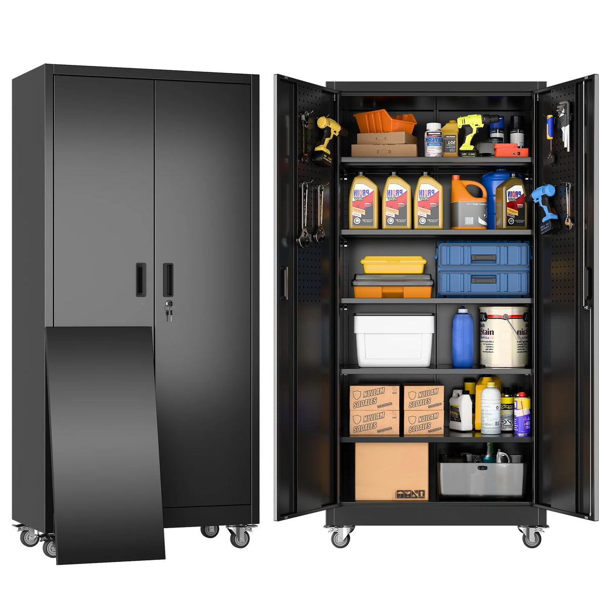 GANGMEI 72 Inches Tall Metal Garage Storage Cabinets with 5 Adjustable Shelves, Lockable Steel Black Storage Cabinet with Doors for Office, Home, School, Shops, Garage, Assembly required